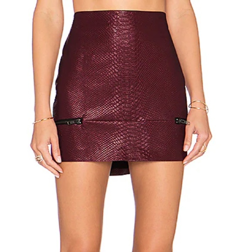Lovers + Friends Burgundy Mini Skirt Good to Be Bad Croc Zipper Moto Sexy